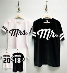 MRS Bride Shirt + MR Groom Tees CUSTOM Names & Numbers Set, Couples Shirts, Honeymoon Shirts, Bride and Groom shirts, mr and mrs shirts set by NobullWomanApparel on Etsy https://www.etsy.com/listing/622055384/mrs-bride-shirt-mr-groom-tees-custom Bride And Groom Shirts, Hubby Wifey Shirts, Cute Couple Shirts, Number Shirt, Honeymoon Shirts, Baseball Tees