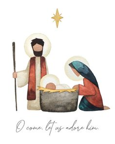 the nativity scene is depicted in watercolor and ink on paper, with a star above it