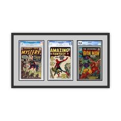 three framed comics are on display in a black and white frame, with the same cover as