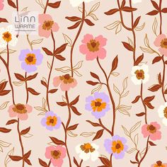 an abstract floral pattern with pink, purple and orange flowers on a light pink background