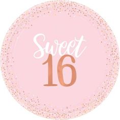 a pink and gold sweet sixteen plate with confetti on the rim that says sweet 16