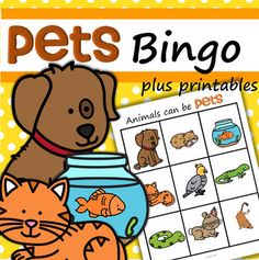 a dog and cat are sitting next to a fish bowl with the words pets bingo on it