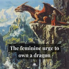 a dragon sitting on top of a cliff next to a man