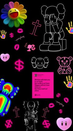 a black background with pink, yellow and blue symbols on it's side as well as an image of a teddy bear