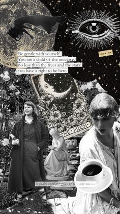 collage with images of women, coffee and other things in black and white colors