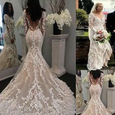 #ad Tulle Gowns, Luxury Champagne, Princess Mermaid, Backless Bridal Gowns, A Line Bridal Gowns, Sparkle Wedding Dress, Lace Evening Gowns, Detachable Train, Long Sleeve Wedding Dress Lace