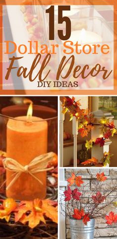 dollar store fall decor with pumpkins, candles and leaves in buckets on the table