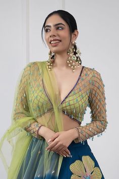 Buy Green Blouse And Dupatta Net Applique Floral V Raw Silk Lehenga Set For Women by KIRAN KALSI Online at Aza Fashions. Fashion Course, Cancan Lehenga, Crystal Work, Raw Silk Lehenga, Lehenga Designs Simple, Lehenga Blouse Designs, Fashion Courses, Padded Blouse, Blouse Designs Indian