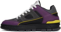 Handcrafted low-top buffed leather, suede, and canvas sneakers in black, purple, and gray. · Perforated detailing throughout · Lace-up closure · Logo patch at padded tongue · Padded collar · Gold-tone logo stamp at outer side · Mesh lining · Logo embossed at textured rubber midsole · Treaded rubber sole Supplier color: Black/Purple Sporty Purple Leather High-top Sneakers, Purple Leather Skate Shoes With Rubber Sole, Leather High-top Sneakers With Rubber Sole In Purple, Purple High-top Leather Skate Shoes, Purple Leather High-top Skate Shoes, Modern Purple Leather Sneakers, Purple Sneakers With Studded Outsoles For Streetwear, Axel Arigato, Logo Stamp