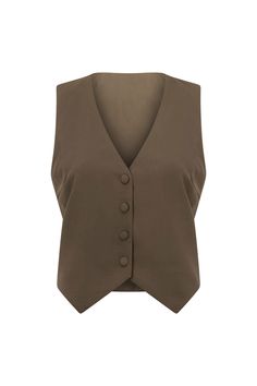 For our structure loving girlies! The Remi Top is made from a luxurious suiting fabric in an ashy brown hue. It is a vest style featuring tank sleeves, V neckline, covered buttons at centre front and a pointed hem. Get the set with the Remi Pants! Designed exclusively by Sabo. Brown V-neck Vest For Workwear, Brown V-neck Vest For Work, Elegant Brown Workwear Vest, Elegant Brown Vest For Workwear, Elegant Brown Vest For Work, Classic Brown Vest Top, Elegant Brown V-neck Vest, Brown V-neck Vest With Buttons, Brown Vest With Button Closure For Work