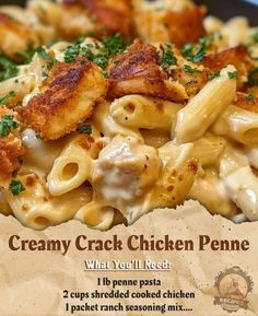 Recipe - RECIPE - Creamy Crack Chicken Penne Chicken Penne Recipes, Shredded Cooked Chicken, Chicken Penne Pasta, Penne Recipes, Penne Pasta Recipes, Chicken Penne, Cooked Chicken Recipes, Ranch Seasoning Mix, Shredded Chicken Recipes