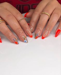 Oaxaca Inspired Nails, May Almond Nails Ideas 2024, Spring Nail Sets Almond, Neutral Summer Nails Almond, Red Orange Nails Design, Puerto Rican Nails, Mexican Inspired Nails Mexico, Mexican Themed Nails Acrylic, Short Nails 2023 Trends Spring