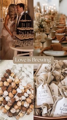 a collage of photos with the words love is brewing on them and pictures of people standing in front of desserts