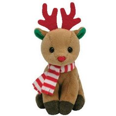 a small stuffed reindeer with red and white striped scarf on it's head, sitting in front of a white background