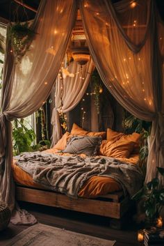 a bed that has some lights on top of it and curtains over the headboard