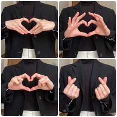 four pictures of hands making a heart with their fingers