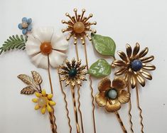 Etsy :: Your place to buy and sell all things handmade Handmade Hairpin, Yellow Opal, Wedding Hair Pins, White Howlite, Flower Hair Pin, Flower Hair, Moon Stone, Wedding Hair Accessories, Flowers In Hair