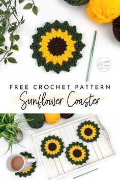 crocheted sunflower coasters with text overlay that says free crochet pattern