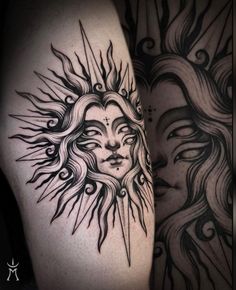 the sun and moon tattoos on both legs are black and white, with intricate details