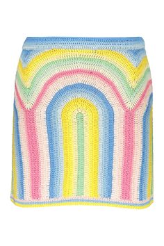 a multicolored crocheted skirt with a rainbow pattern on the front and bottom