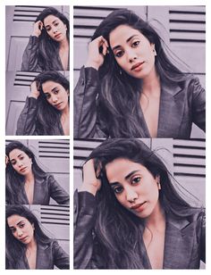 a collage of photos of a woman with long dark hair, wearing a leather jacket