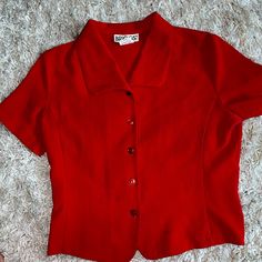 Super Cute Red Button Up Collared Shirt Never Worn Classic Fitted Red Top, Classic Red Tops For Spring, Retro Top With Buttons, Casual Red Top With Buttons, Classic Red Spring Top, Red Buttoned Tops For Work, Red Tops With Button Closure For Spring, Classic Fitted Red Blouse, Classic Red Workwear Top