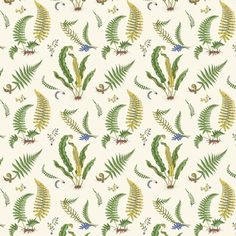 a green and yellow floral pattern on a white background with leaves, flowers and other plants