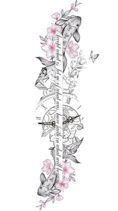 a fish and flowers tattoo design on the side of a white sheet with pink flowers