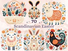 an easter card with the words, 70 + scandinaviana and farm animals on it