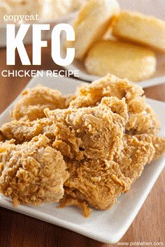 fried chicken is on a white plate next to other food items and the words, kfc chicken recipe