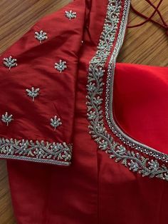 Green Blouse Work Designs Pattu Latest, Red Blouse With Silver Maggam Work, Silver Aari Work In Red Blouse, Red And Silver Blouse Designs, Red Blouse With Silver Work, Simple Silver Zardosi Work Blouses, Silver Embroidery Work Blouse Designs, Red Blouse Simple Work Designs, Gold Zardosi Work Blouse