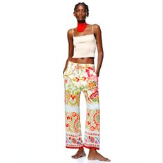 Zara Printed Palazzo Pants Super Cute And Trendy Printed Pants. Elastic Waist With Ties, Front And Back Pockets. New With Tags 64 Casual Pants For Summer Pajama Party, Summer Floral Print Wide Leg Loungewear Pants, Summer Floral Print Wide Leg Pants For Loungewear, Casual Summer Sleepwear Trousers, Casual Wide Leg Sleepwear For Spring, Summer Floral Print Lounge Pants, Floral Print Loungewear Pants For Summer, Floral Print Summer Loungewear Pants, Summer Floral Print Loungewear Pants