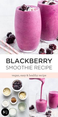 black berry smoothie recipe in two glasses with strawberries and other ingredients on the side