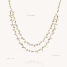 Prong Set Natural Diamonds Drop Necklace, Gold Necklace, Specially Made For Wedding & Engagements, Birthday Gift For Her, Double Layer Drop Necklace, Bridal Necklace Jewelry. Also Available  in Rose Gold, White Gold &  Yellow Gold. 𝐏𝐫𝐨𝐝𝐮𝐜𝐭 𝐢𝐧𝐟𝐨: 𝟏𝟒𝐤 𝐬𝐨𝐥𝐢𝐝 𝐠𝐨𝐥𝐝 ★𝐃𝐞𝐭𝐚𝐢𝐥𝐬 ★𝐒𝐊𝐔 𝐂𝐨𝐝 : BLC-NEC4268 ★𝐏𝐮𝐫𝐢𝐭𝐲 : Solid 14k Gold ( Also available in 9k & 18k Solid Gold) ★𝐌𝐞𝐭𝐚𝐥 : Yellow Gold ( Also available in Rose Gold & White Gold) ★𝐆𝐞𝐦𝐬𝐭𝐨𝐧𝐞 : 100 % Gen Gold Double Strand Wedding Jewelry, Gold Double Strand Necklace For Wedding, Double Strand Gold Wedding Jewelry, Double Strand Gold Jewelry For Wedding, Silver 14k Gold Diamond Necklace For Wedding, Double Strand Yellow Gold Necklace For Wedding, Double Strand Fine Jewelry For Wedding, Fine Jewelry Wedding Necklace With Adjustable Chain, Fine Jewelry Necklace With Adjustable Chain For Wedding