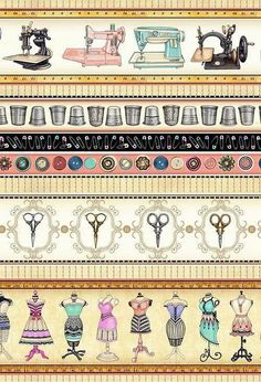 an image of different types of sewing machines on the wall with scissors and other items