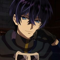 an anime character with blue eyes and black hair, holding his hand on his shoulder