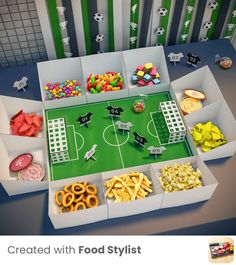 an aerial view of a football field with snacks and pretzels in it, as well as the words'create food styllist '