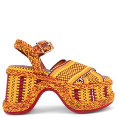 100% authentic Chloé Meril 110 platform sandals in orange and yellow cotton in a chunky platform structure with wavy lines. The design features a buckled ankle strap and criss-cross upper. Have been worn once and are in virtually new condition. Come with dust bag. As part of its commitment to creating a positive social impact, Chloé has partnered with Amambaih on the Meril line. Amambaih is a social enterprise whose mission is to offer income-generating employment opportunities to the Maka artisan community in Paraguay. Faithful to the unique Maka designs, all the braids and textiles used to create the Meril sandals were woven by hand, giving them their unique, irregular character. Measurements Imprinted Size 37 Shoe Size 37 Inside Sole 24cm (9.4in) Width 7.5cm (2.9in) Heel 10.5cm (4.1in) Chunky Braids, Red Platform, Jaune Orange, Wavy Lines, Phoebe Philo, Shoe Inspo, Social Enterprise, Platform Sandals Heels, Social Impact