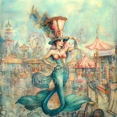 a painting of a mermaid with a hat on her head