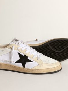 Men’s Ball Star sneakers in white canvas and leather with ivory leather inserts and black nappa leather star | Golden Goose Golden Family, Star Sneakers, New Journey, Colored Leather, Gray Suede, Golden Goose, White Canvas, Nappa Leather, New Kids