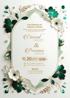 an elegant wedding card with flowers and leaves on it, in gold and green colors