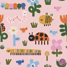 a pink background with colorful cartoon animals and plants on the bottom right corner is an illustration of ladybugs, bugs, flowers, and cactuses