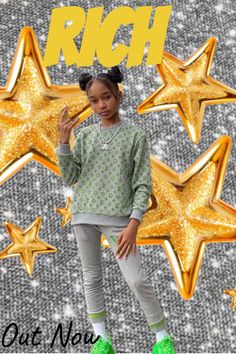 a girl standing in front of gold stars with the words rich out now on it