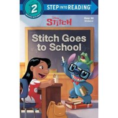 the book cover for stitch, which features an animated character and a girl in front of a