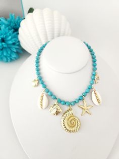 Turquoise Necklace With Starfish Charm, Turquoise Necklaces With Starfish Charm For Beach, Turquoise Necklace With Starfish Charm For Beach, Beach Turquoise Necklace With Starfish Charm, Turquoise Ocean-inspired Necklace With Starfish Charm, Ocean-inspired Turquoise Necklace With Starfish Charm, Turquoise Ocean-inspired Necklace With Lobster Clasp, Turquoise Necklace With Lobster Clasp In Beach Style, Ocean-inspired Turquoise Necklace With Lobster Clasp