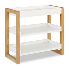 a wooden shelf with two shelves on each side and one shelf below the shelf is white