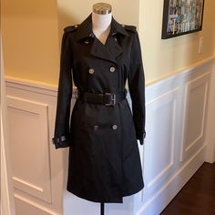 Gorgeous Leather Accents And Silver Buttons Adorn This Black Michael Kors Rain Coat Perfect Condition Designer Black Outerwear With Belted Cuffs, Black Designer Outerwear With Belted Cuffs, Gorgeous Leather, Leather Accents, Rain Coat, Silver Buttons, Trench Coats, Michael Kors Black, Black Silver