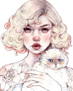 a drawing of a woman holding a cat in her hands and looking at the camera