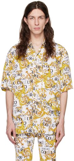 Viscose sateen shirt. Logo and graphic pattern printed throughout. · Spread collar · Button closure · Patch pockets Supplier color: White/Gold Versace Baroque, White Button Shirt, Buttoned Shirt, Versace Couture, Jeans Logo, Logo Shirt, Twill Shirt, Mens Short Sleeve Shirt, Versace Jeans Couture