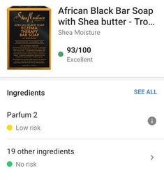 #Yuka #productreviews #shopping #sheamoisture #eczema #sensitiveskin #barsoap #soap #africanblacksoap #sheabutter #skincare #bodycare #hygiene Yuka App, Shea Moisture, African Black Soap, Black Soap, Black Bar, Shea Moisture Products, Hair Products, Bar Soap, Shea Butter